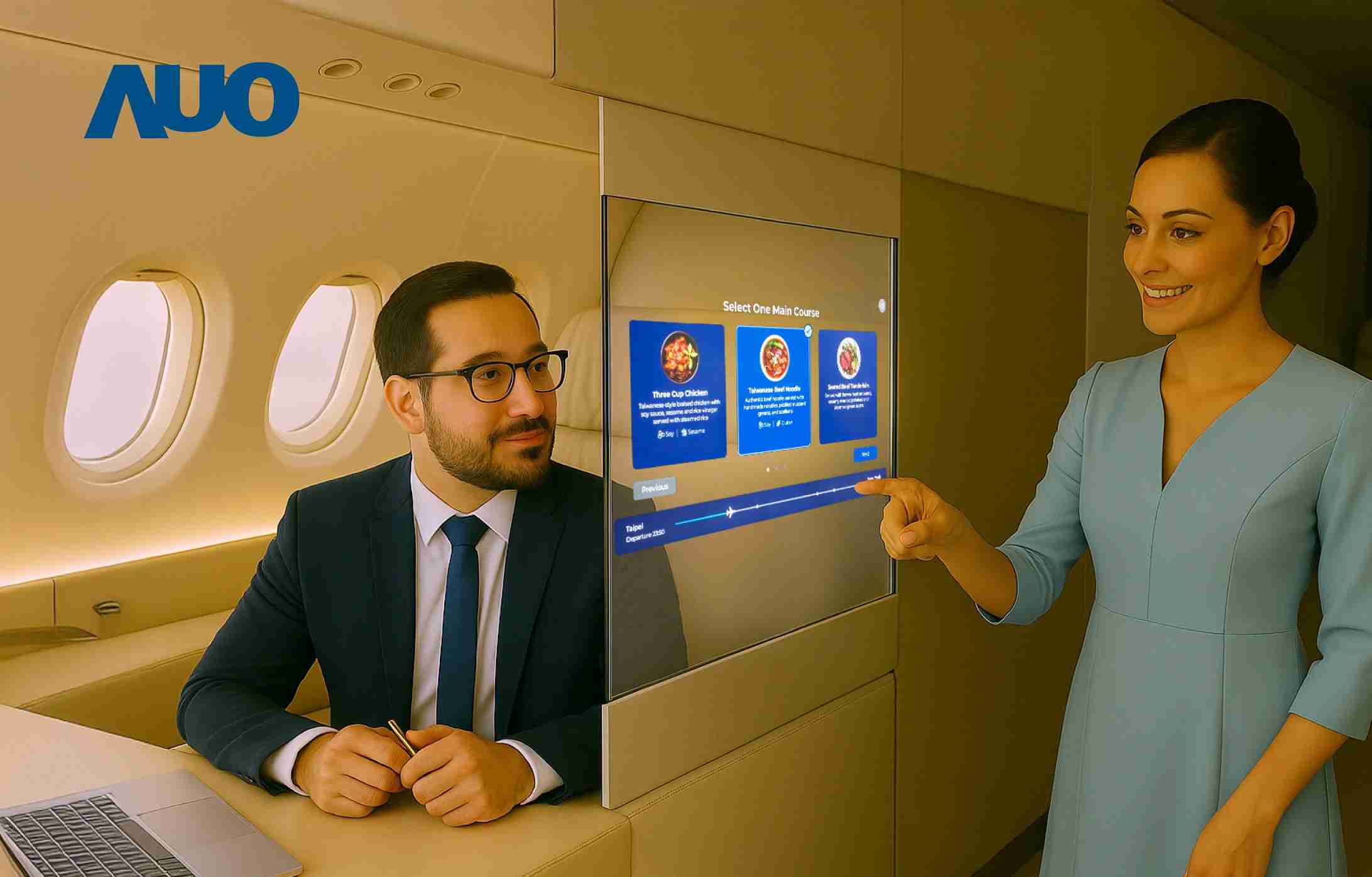 云顶国际8588yd研发全球最薄17.3 吋双面透明 Micro LED 显示器，，，可在同一屏幕之双边投射不同信息，，，创造独特的”透明化”互动；图为实时翻译交流应用情境